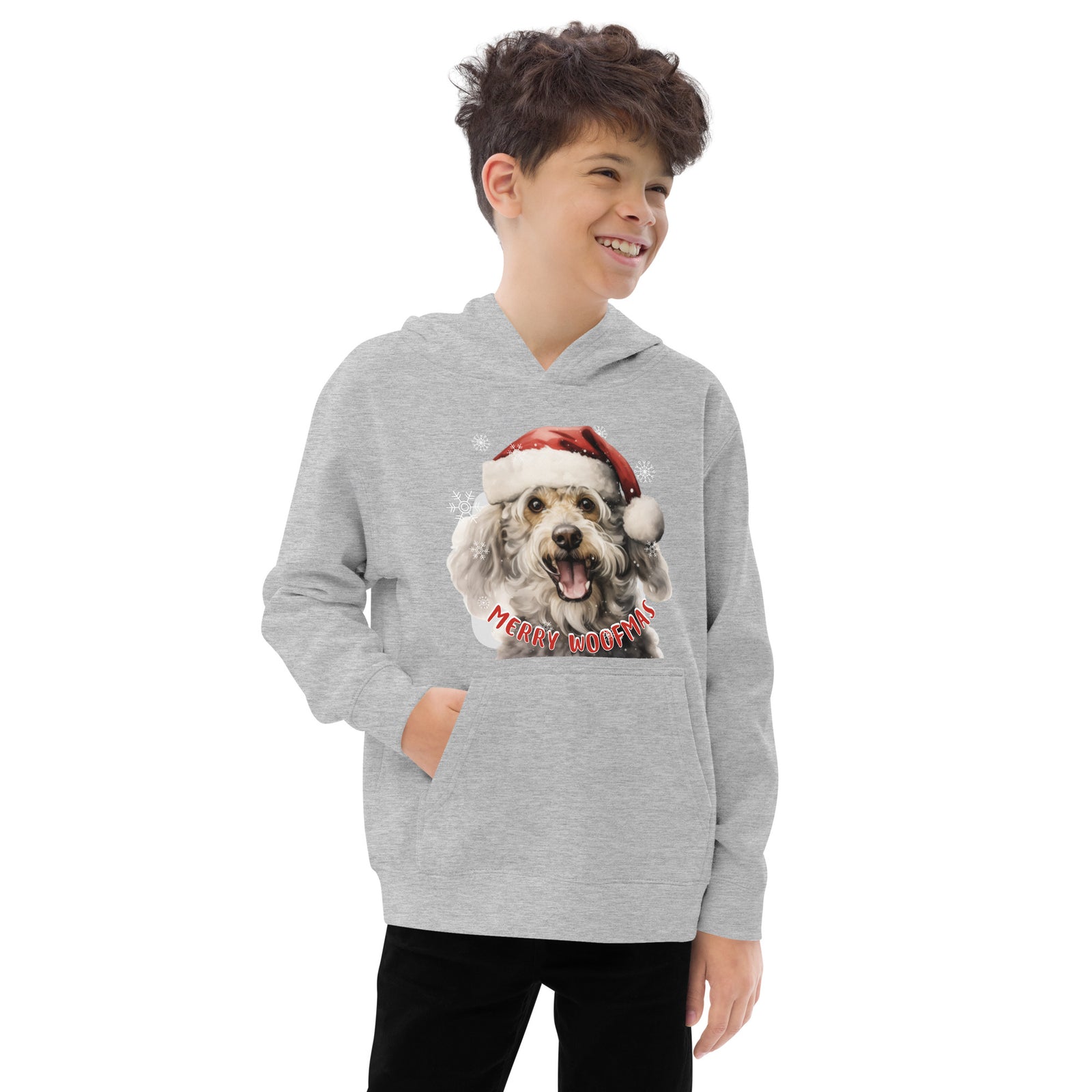 Kids fleece hoodie Poodle - Merry Woofmas