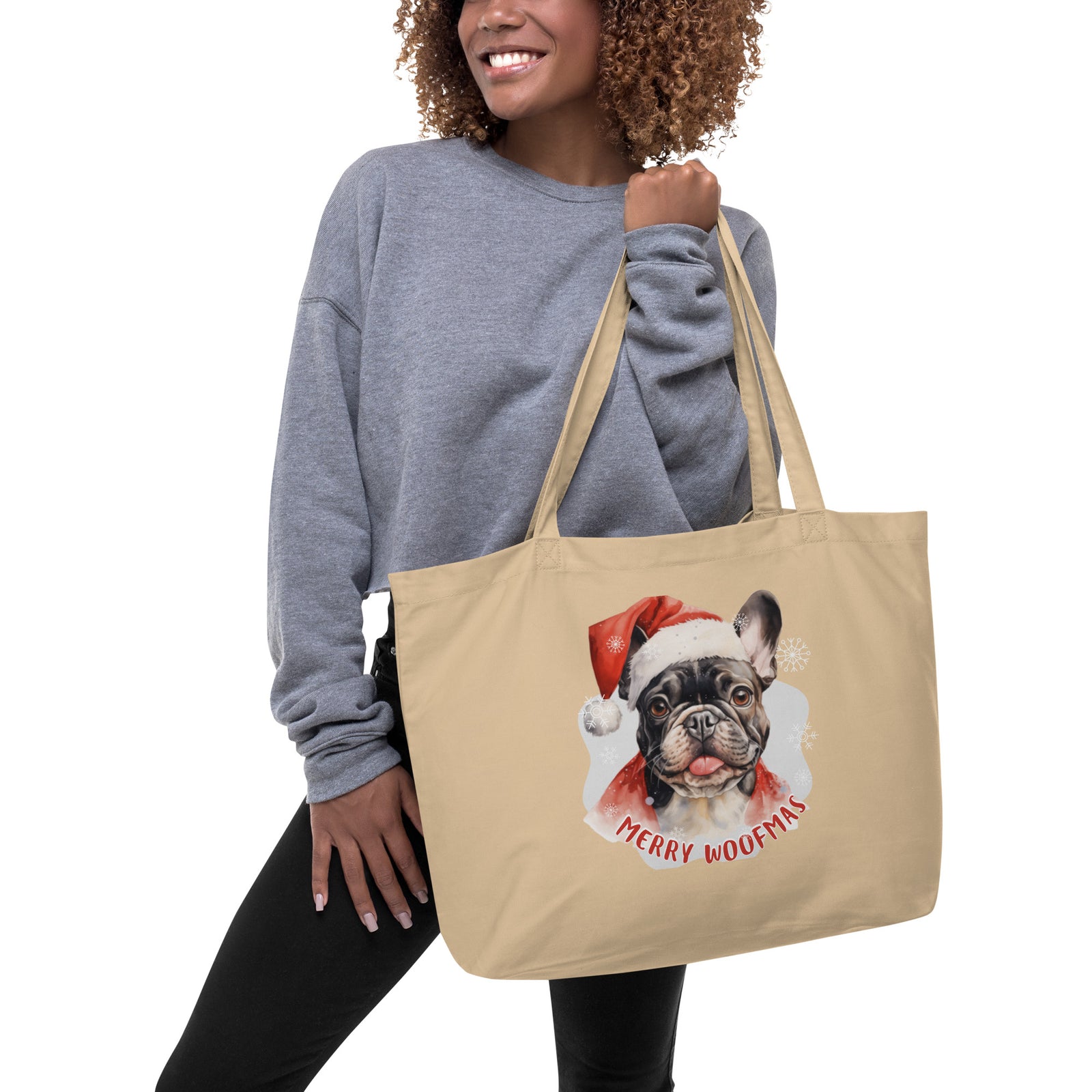 Large organic tote bag French Bulldog - Merry Woofmas