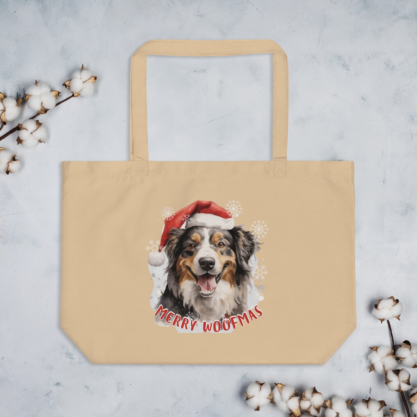 Large organic tote bag Australian Shepherd - Merry Woofmas