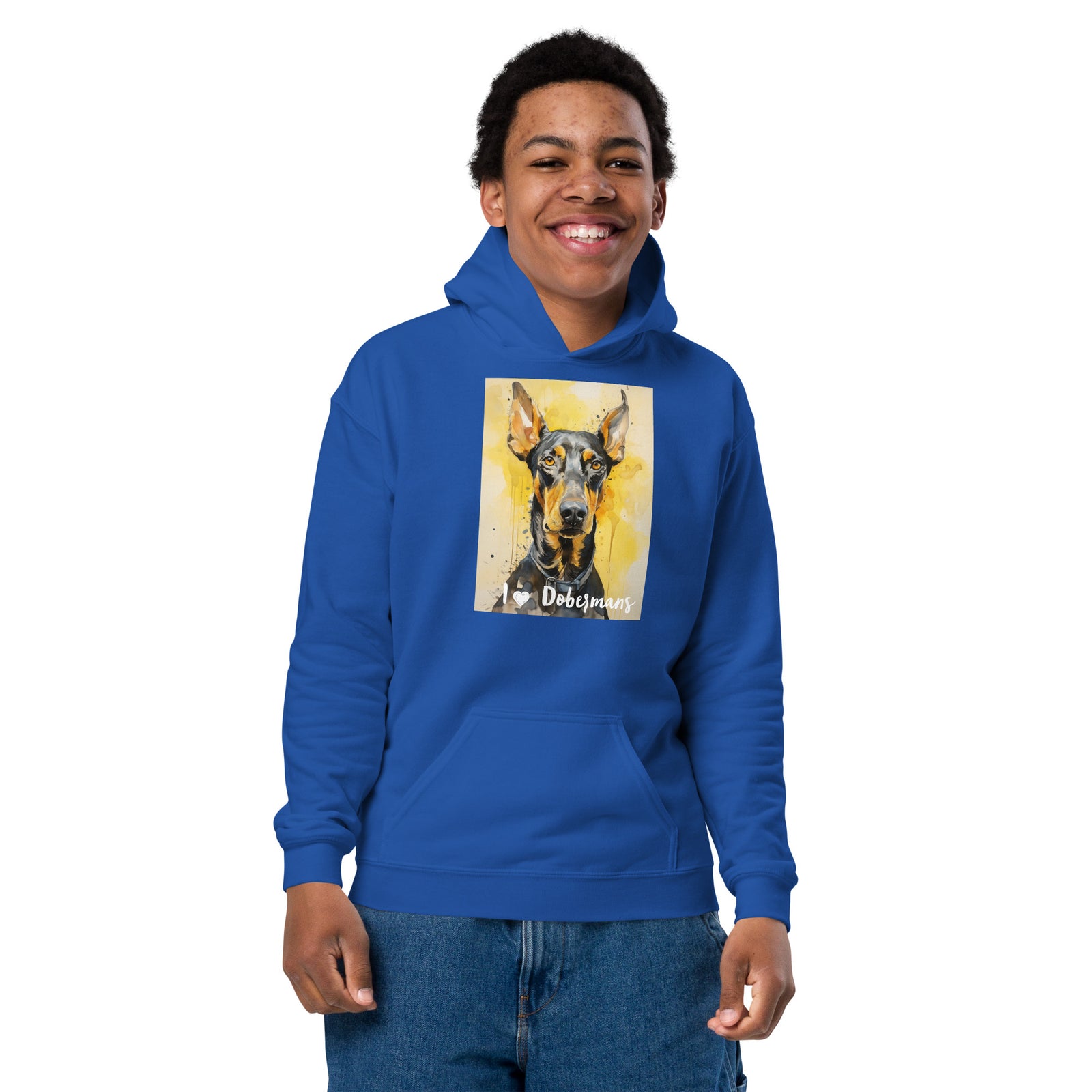 Youth heavy blend hoodie- I ❤ Dogs - Doberman Pinscher