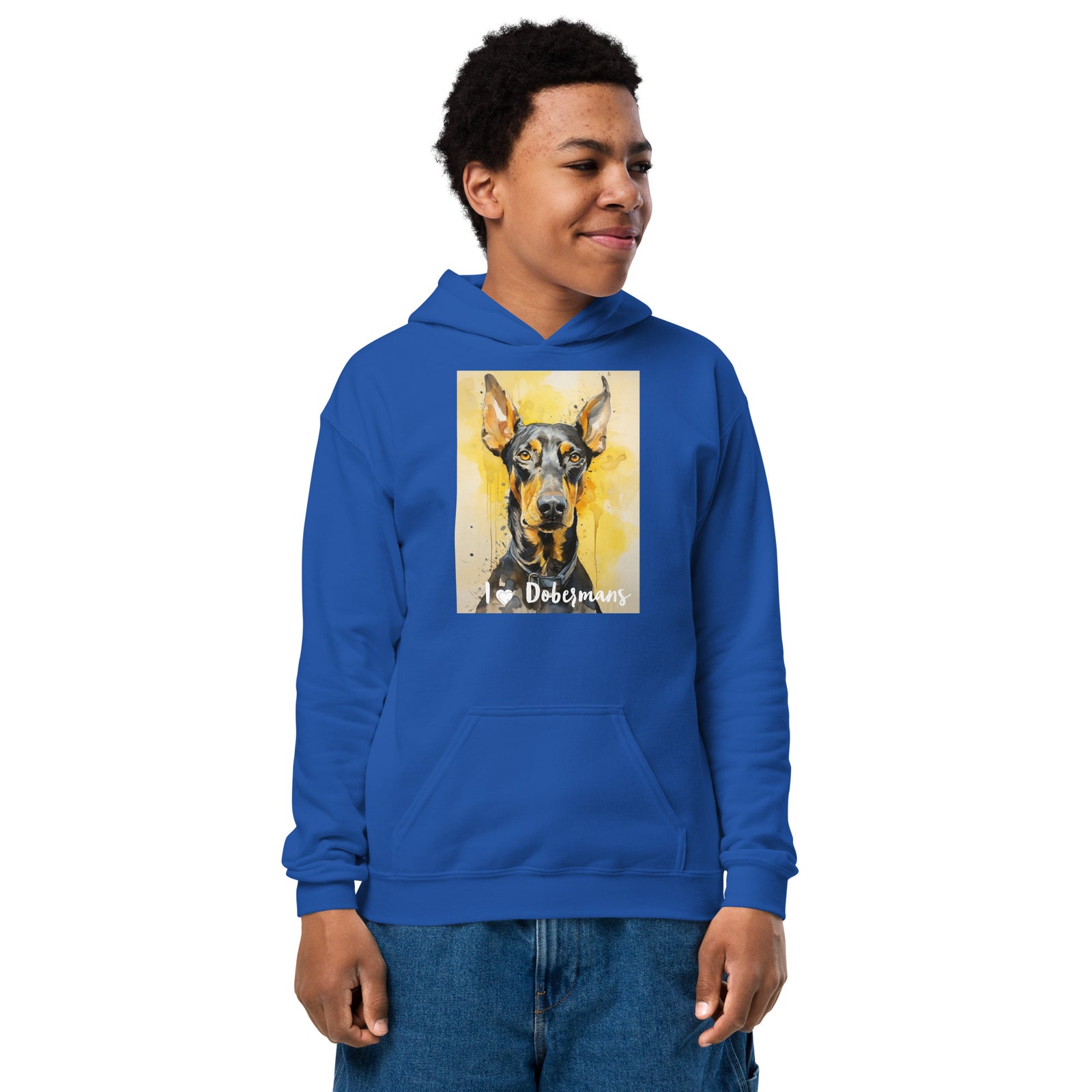 Youth heavy blend hoodie- I ❤ Dogs - Doberman Pinscher