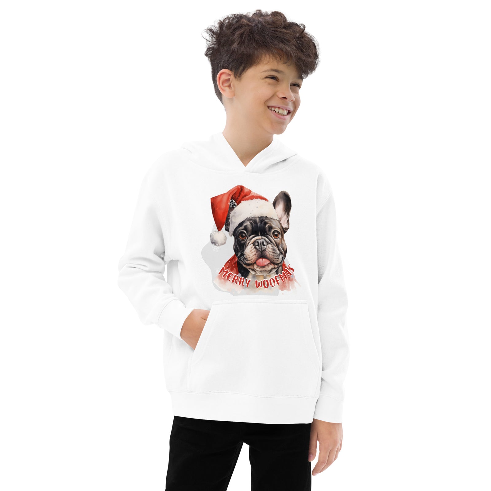 Kids fleece hoodie French Bulldog - Merry Woofmas