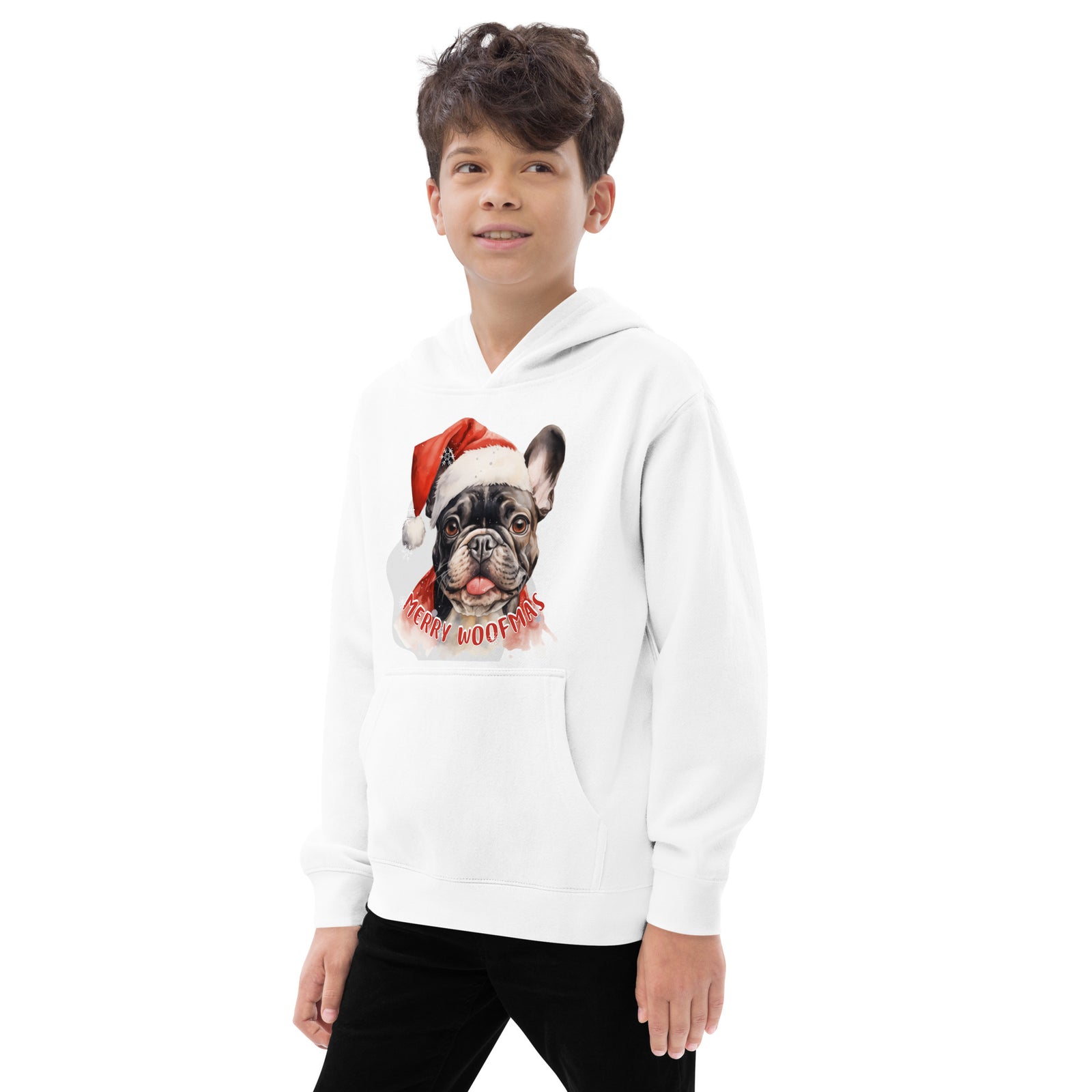 Kids fleece hoodie French Bulldog - Merry Woofmas