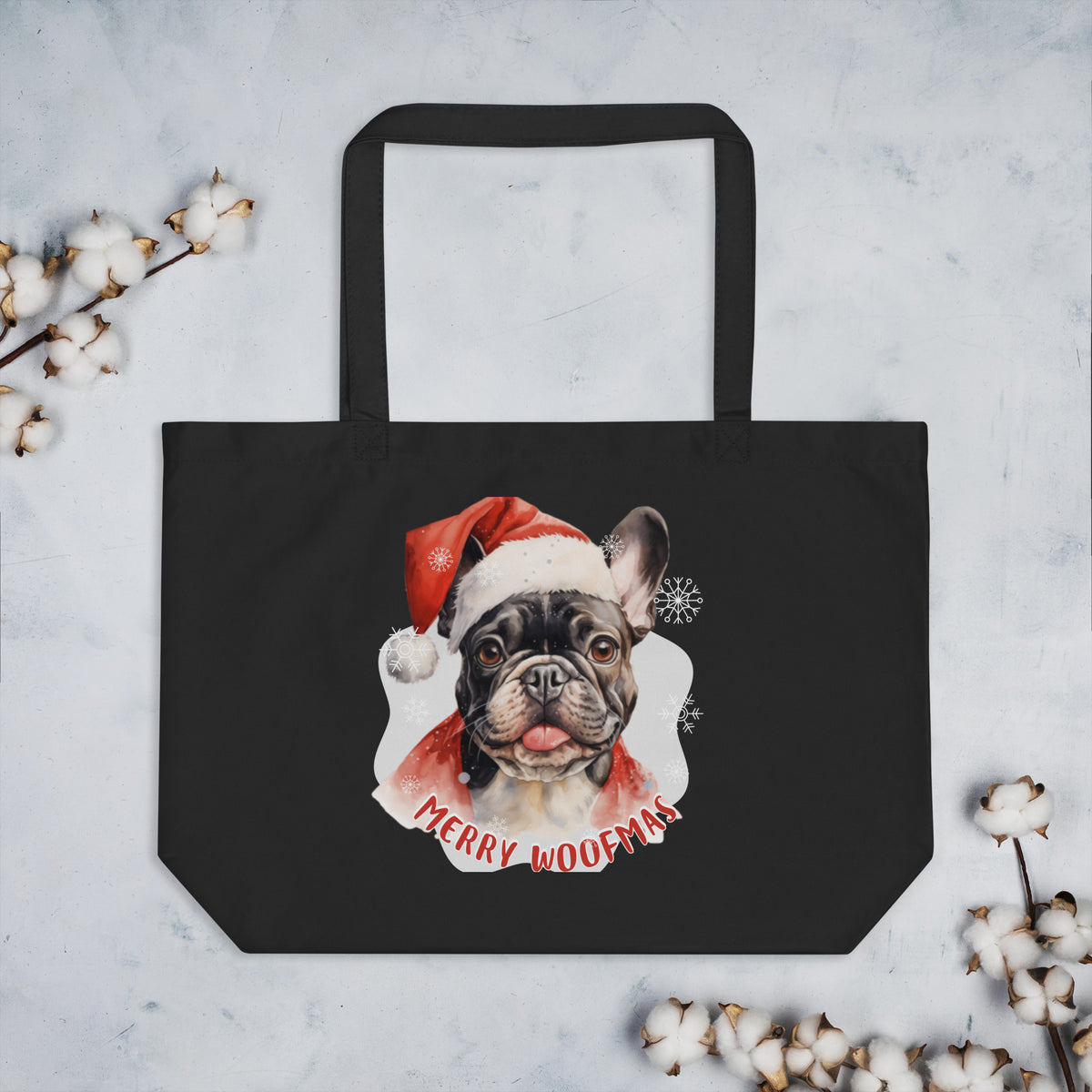 Large organic tote bag French Bulldog - Merry Woofmas