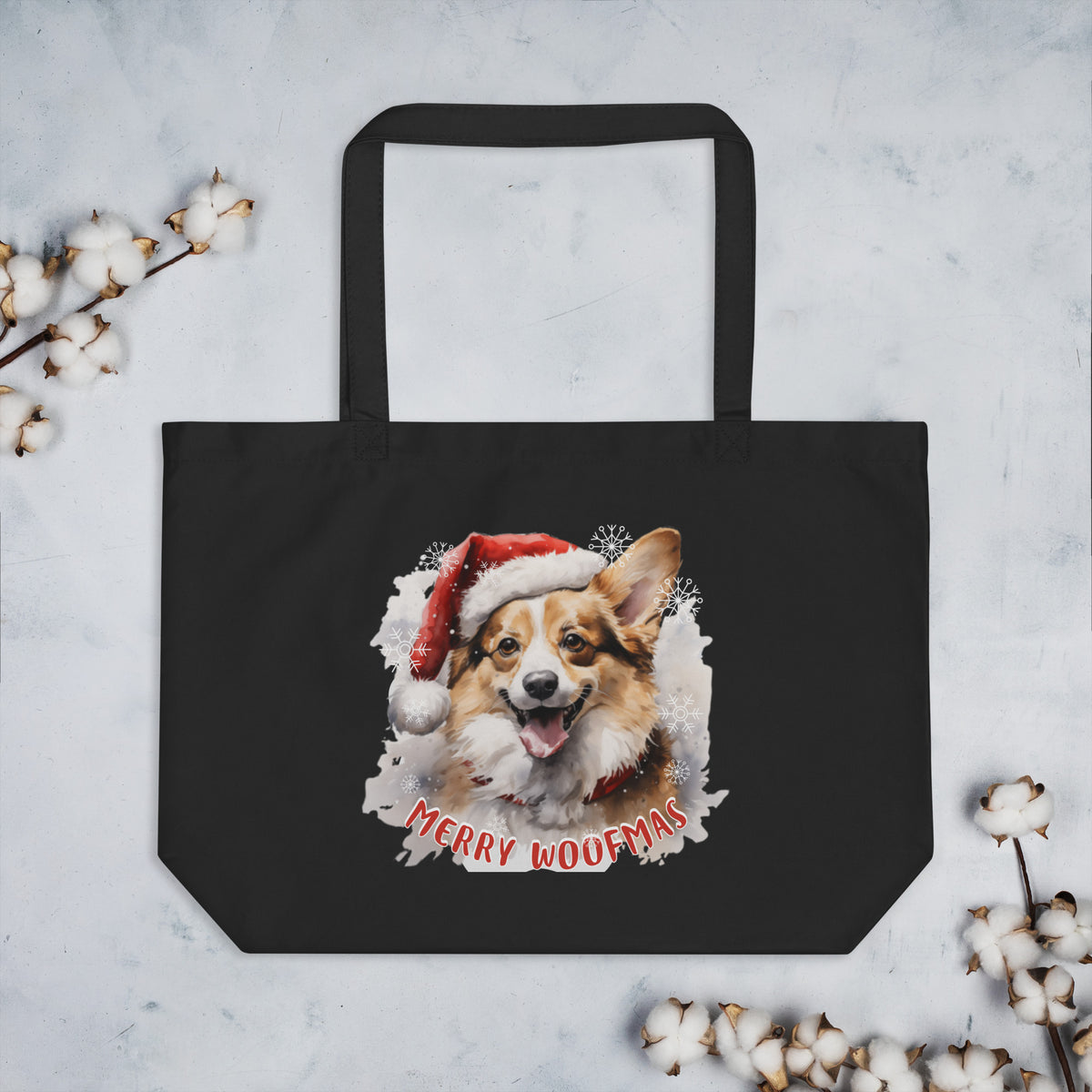 Large organic tote bag Pembroke Welsh Corgi - Merry Woofmas