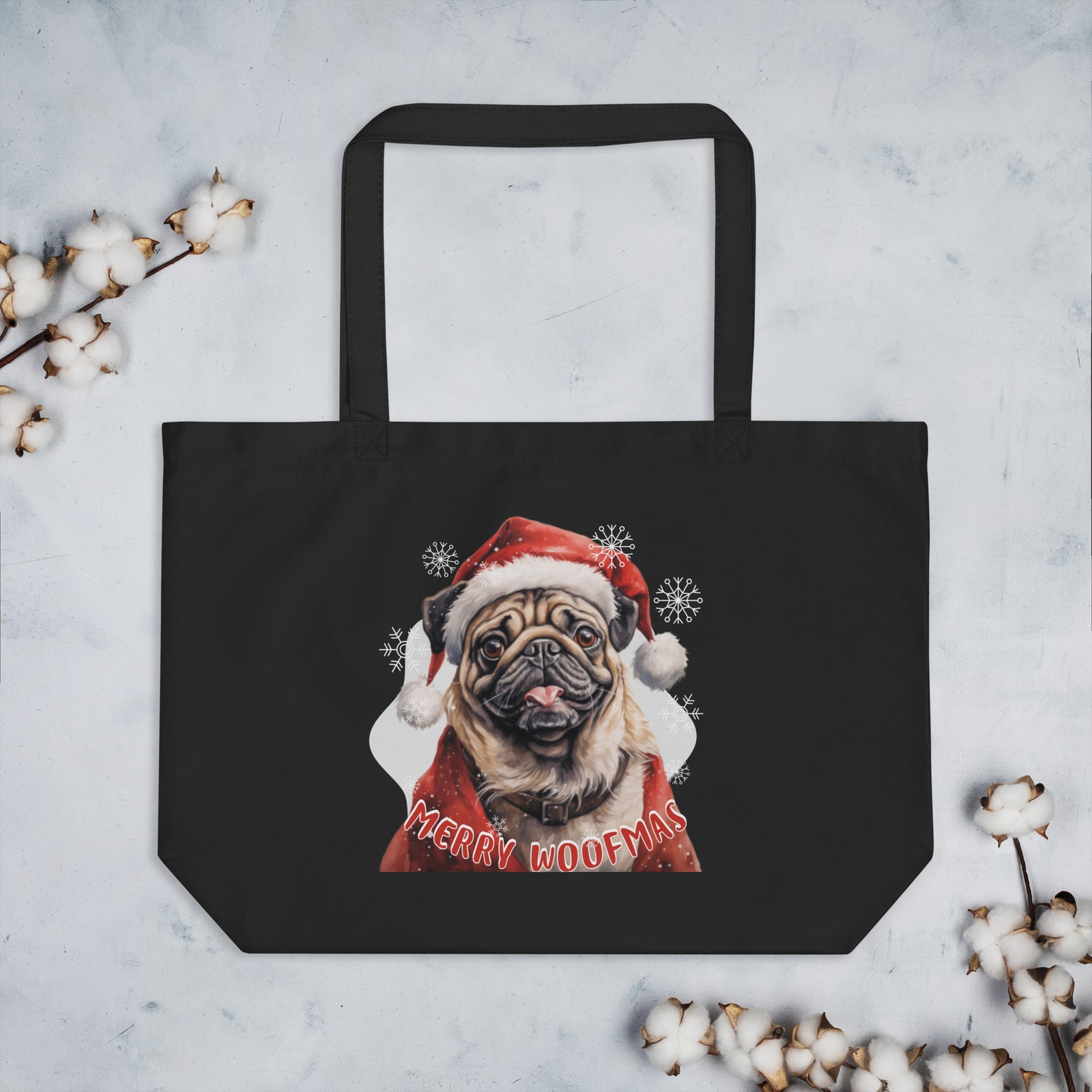 Large organic tote bag Pug - Merry Woofmas