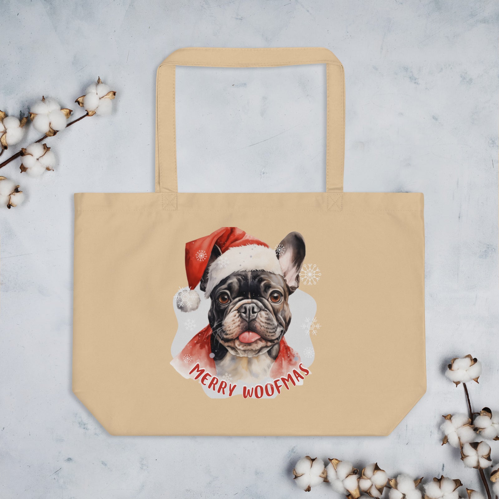 Large organic tote bag French Bulldog - Merry Woofmas
