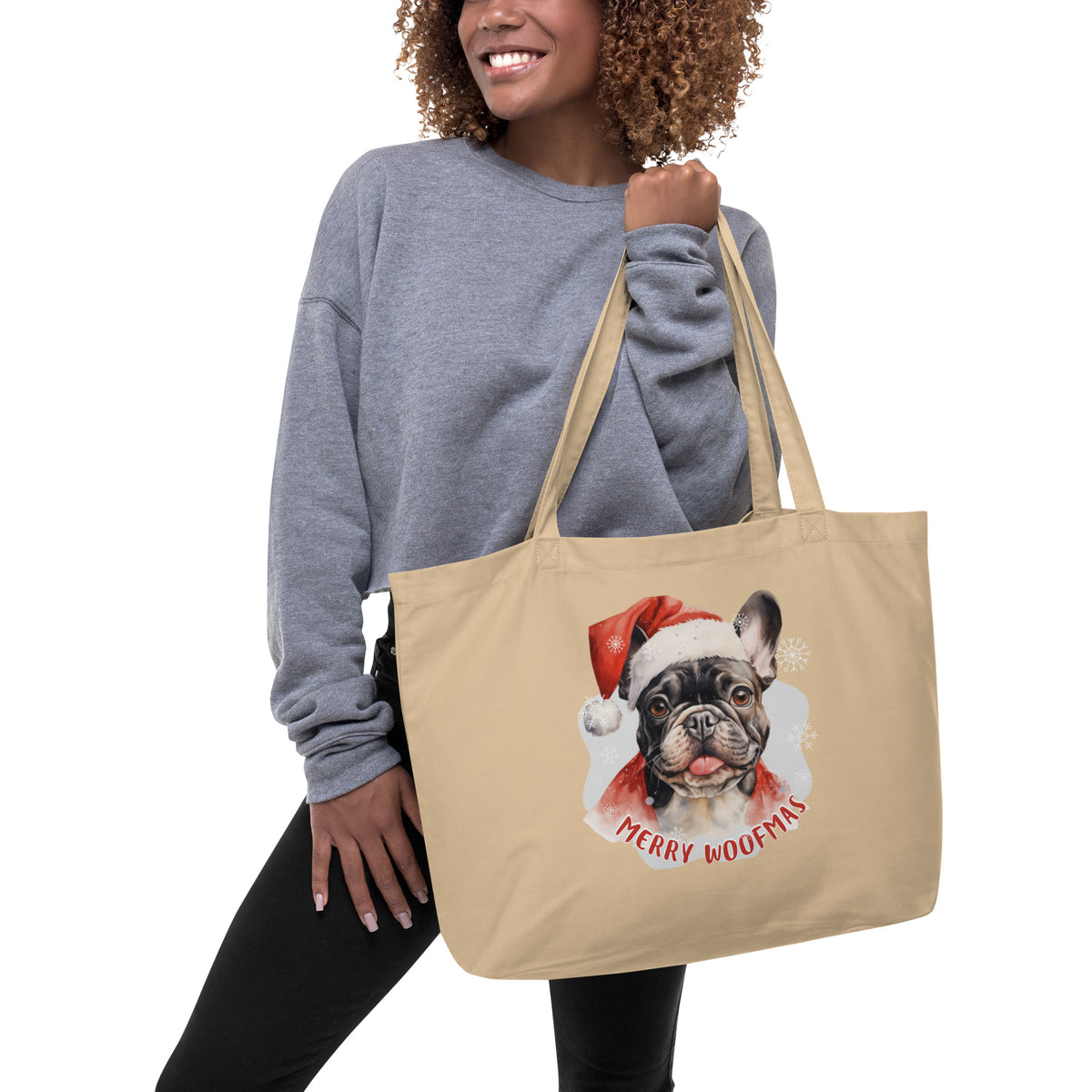 Large organic tote bag French Bulldog - Merry Woofmas