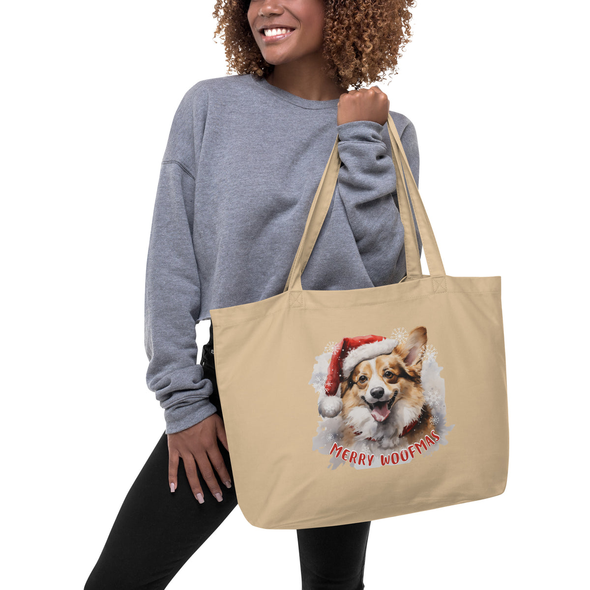 Large organic tote bag Pembroke Welsh Corgi - Merry Woofmas
