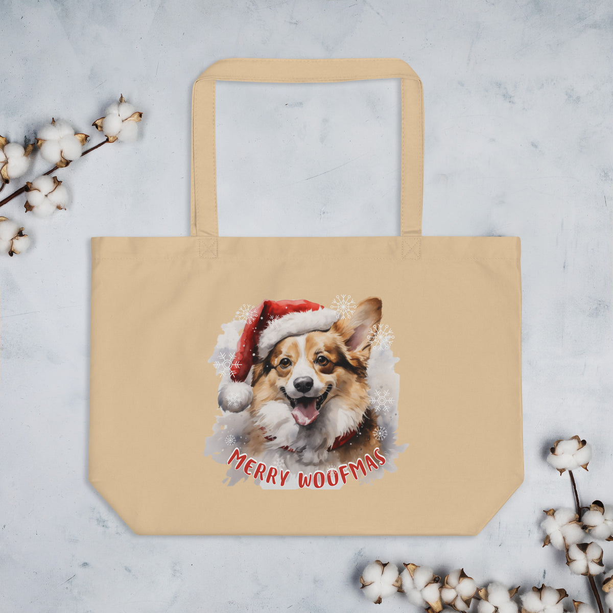 Large organic tote bag Pembroke Welsh Corgi - Merry Woofmas