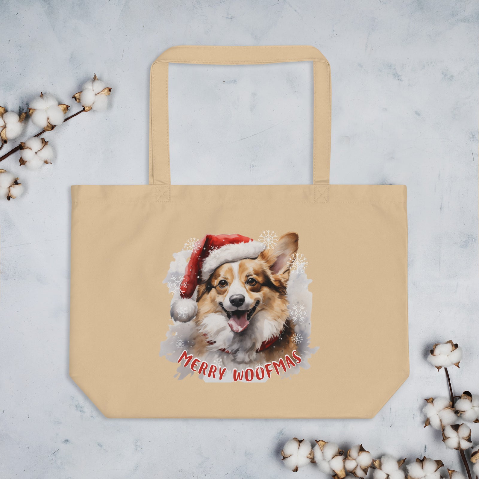 Large organic tote bag Pembroke Welsh Corgi - Merry Woofmas