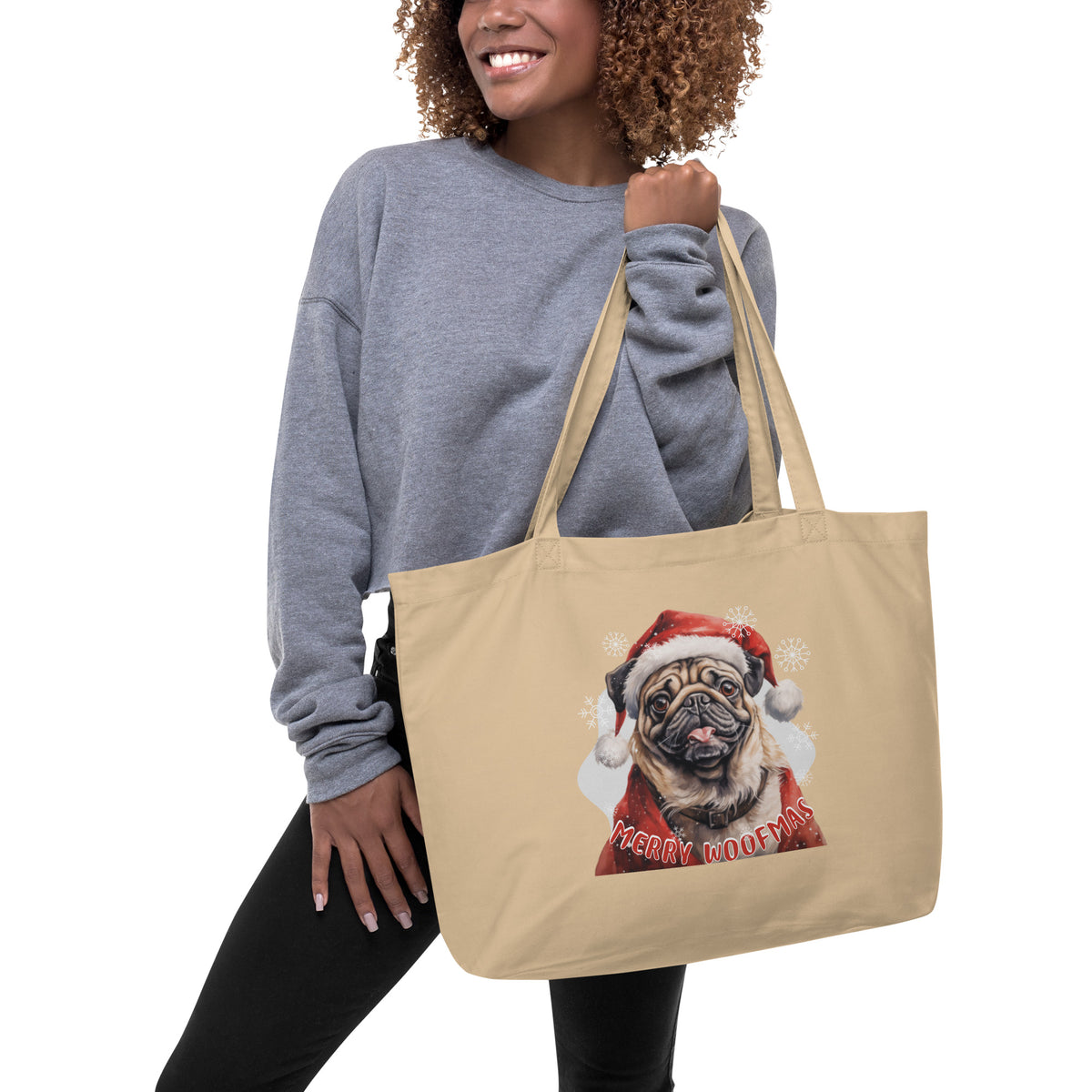 Large organic tote bag Pug - Merry Woofmas