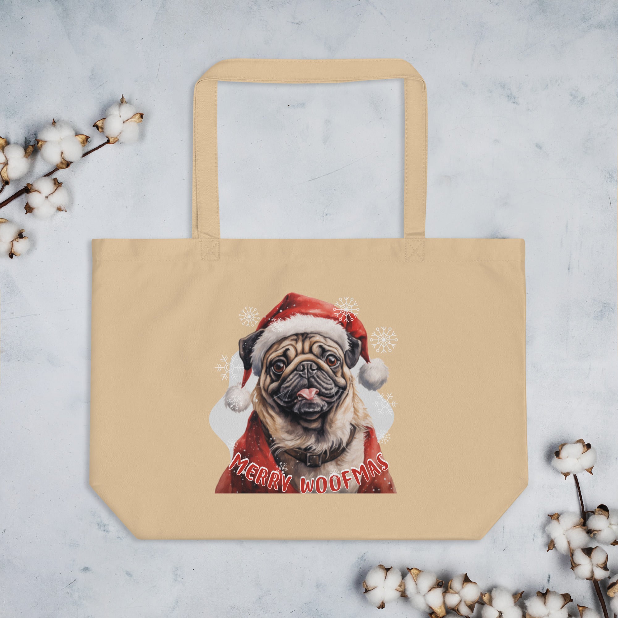 Large organic tote bag Pug - Merry Woofmas