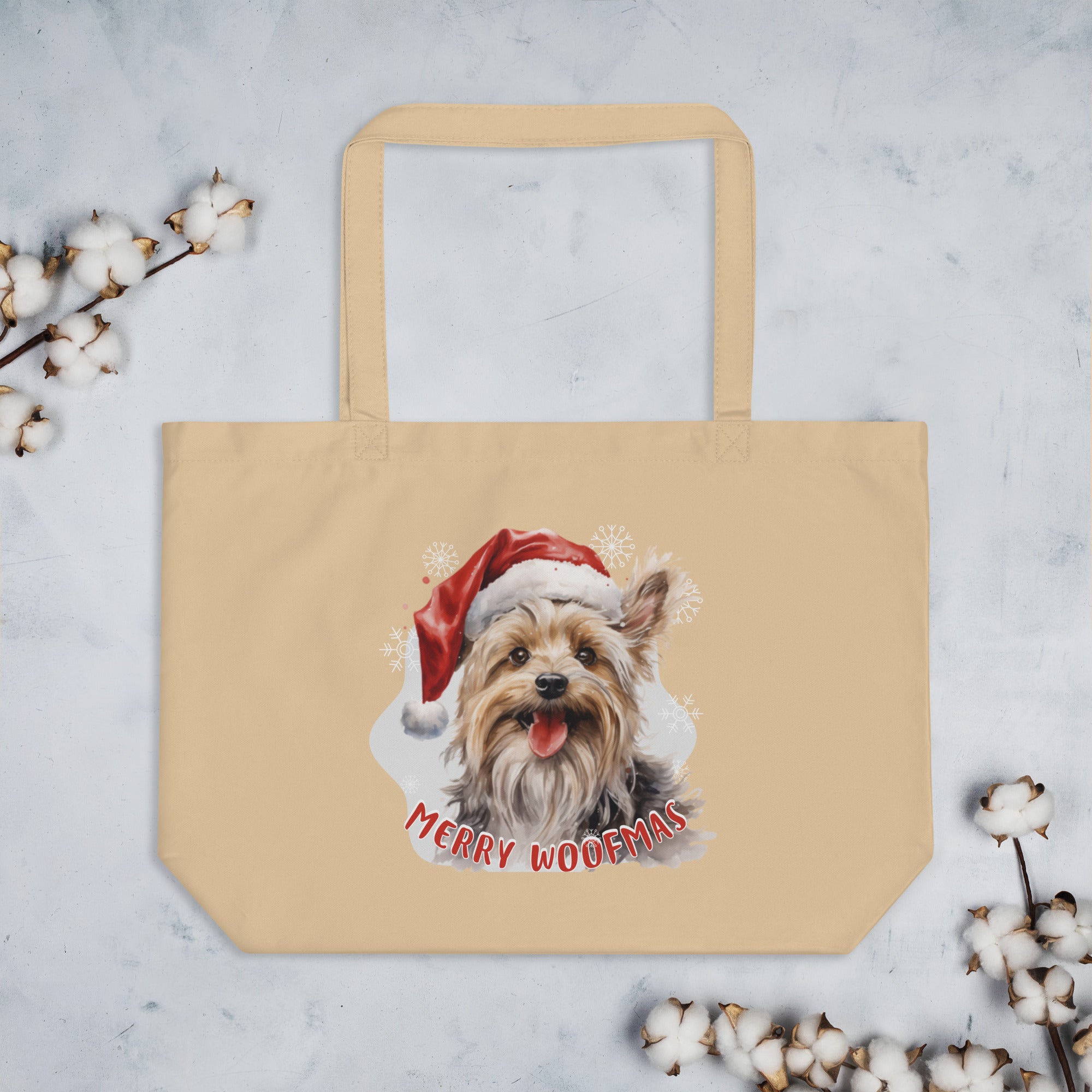Large organic tote bag Yorkshire Terrier- Merry Woofmas