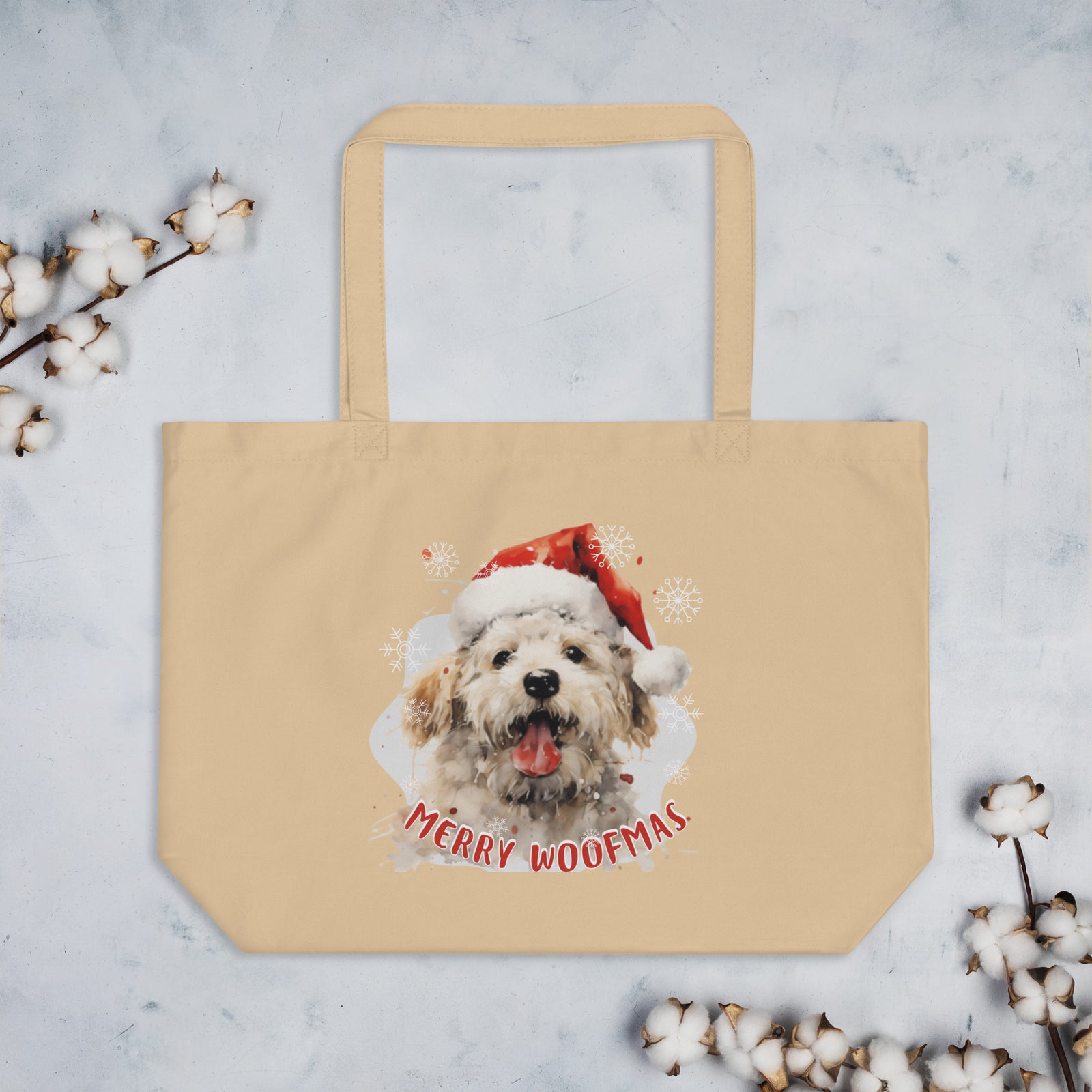 Large organic tote bag Bichon Frise- Merry Woofmas