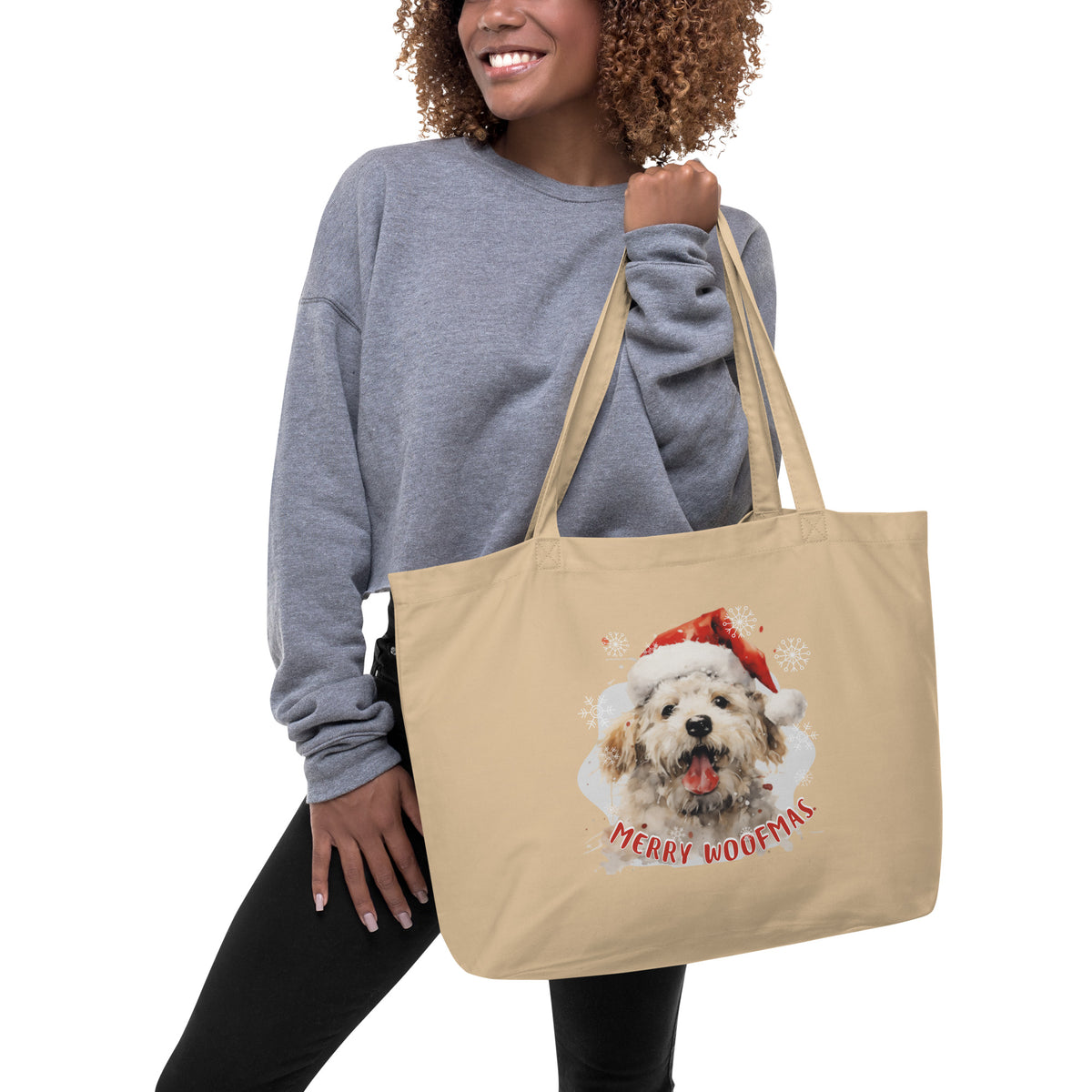 Large organic tote bag Bichon Frise- Merry Woofmas
