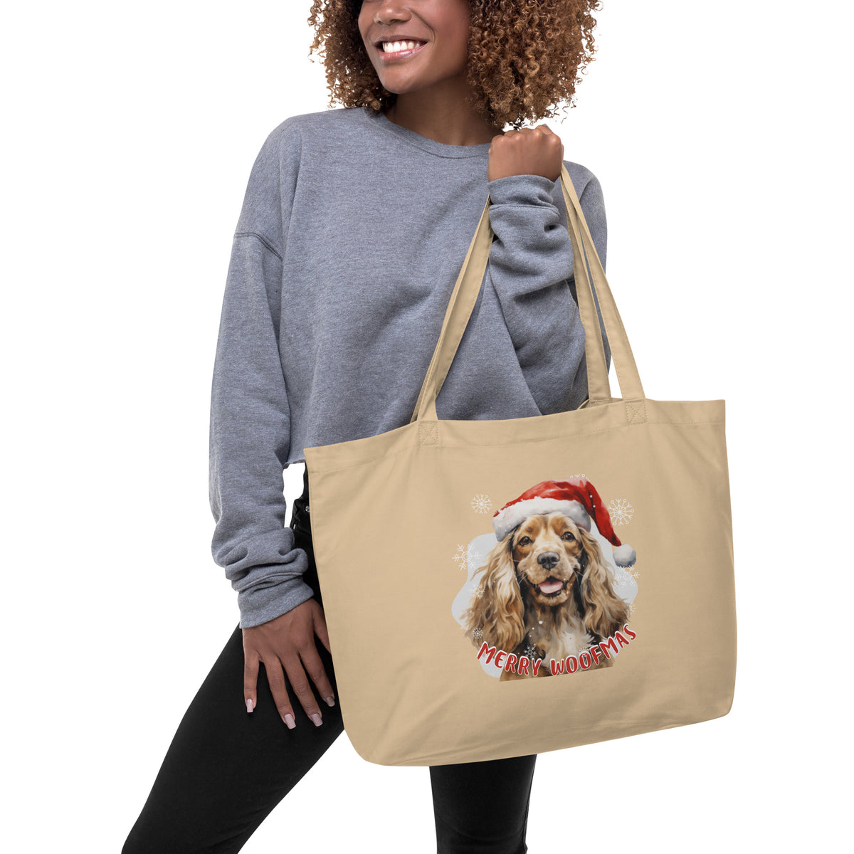 Large organic tote bag Cocker Spaniel- Merry Woofmas