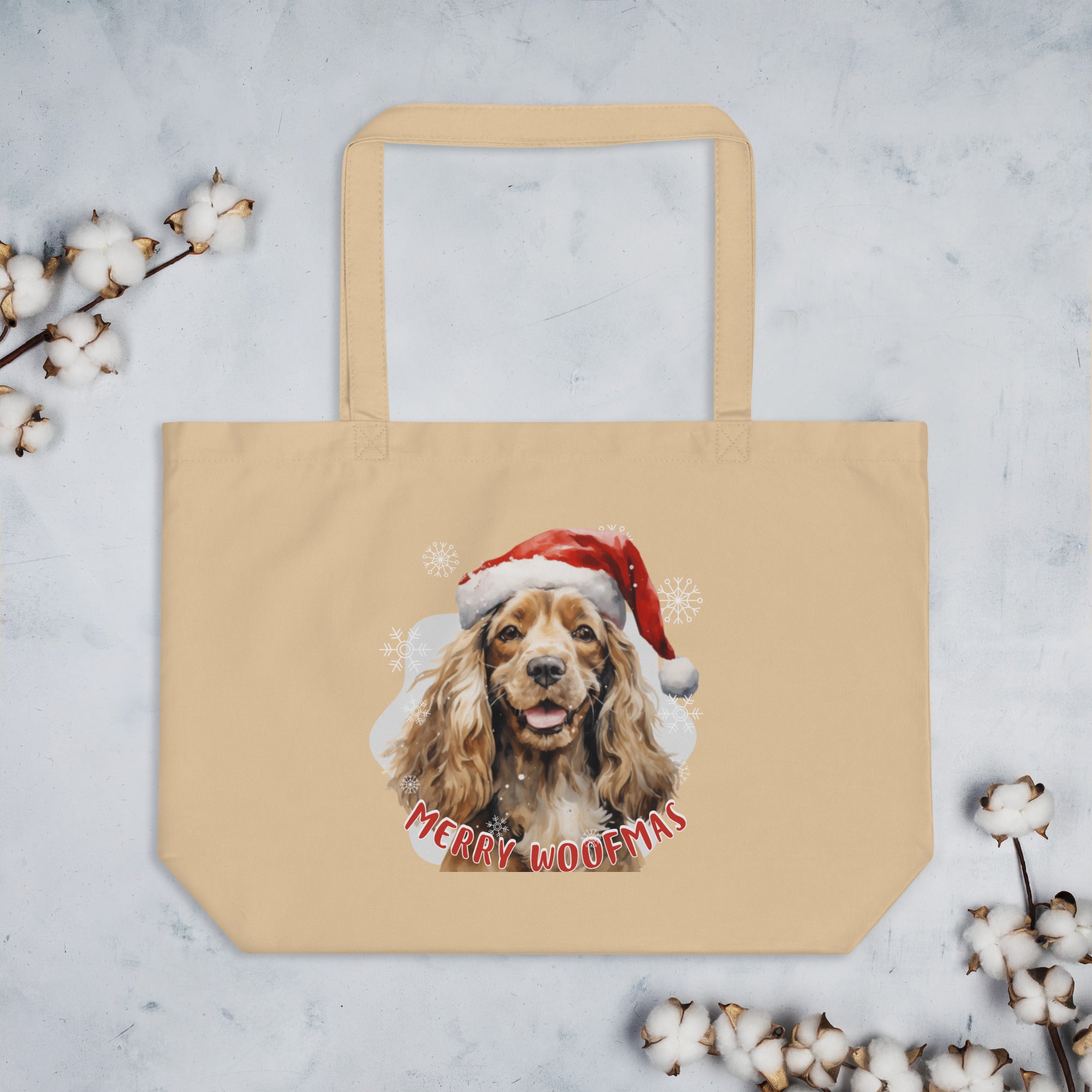 Large organic tote bag Cocker Spaniel- Merry Woofmas