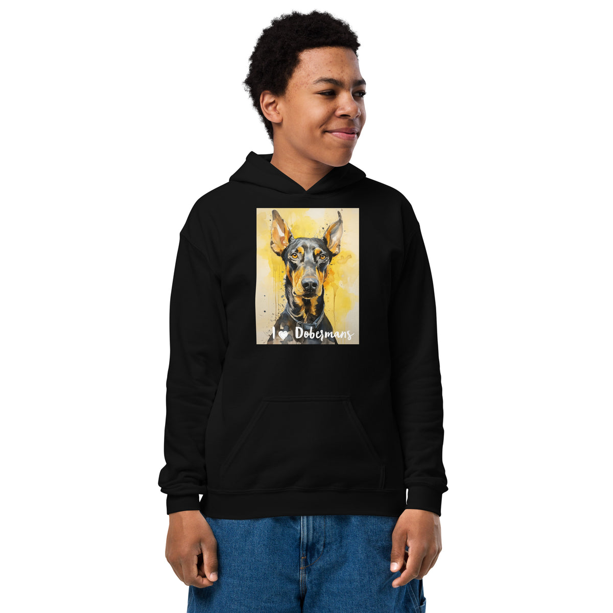 Youth heavy blend hoodie- I ❤ Dogs - Doberman Pinscher