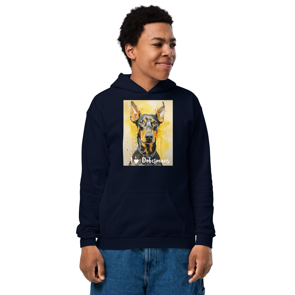 Youth heavy blend hoodie- I ❤ Dogs - Doberman Pinscher