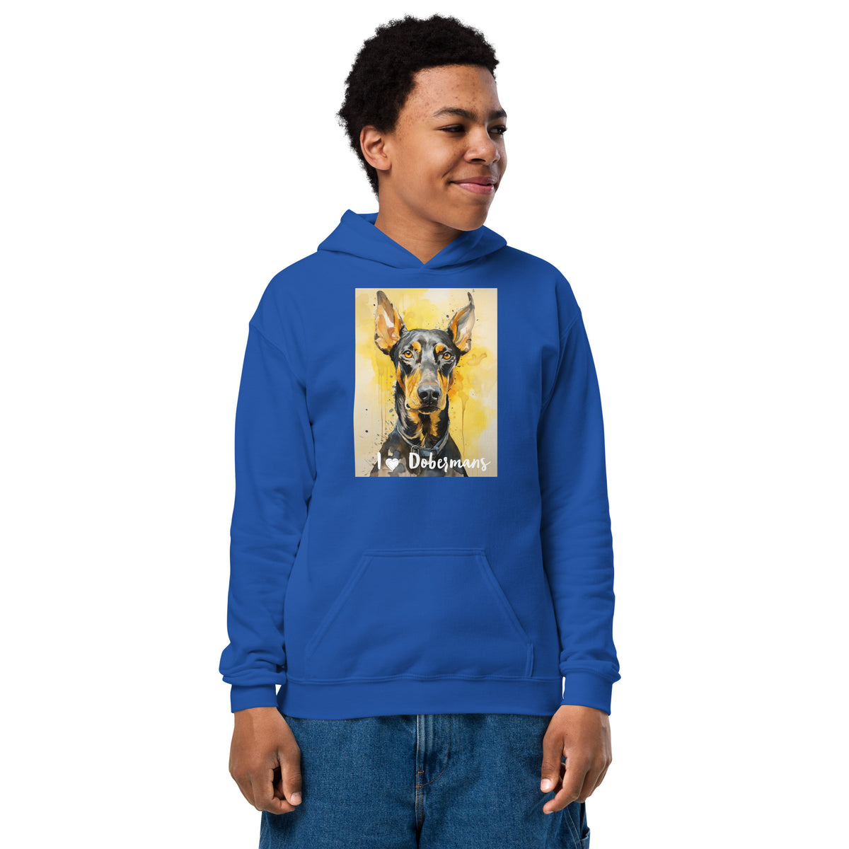Youth heavy blend hoodie- I ❤ Dogs - Doberman Pinscher