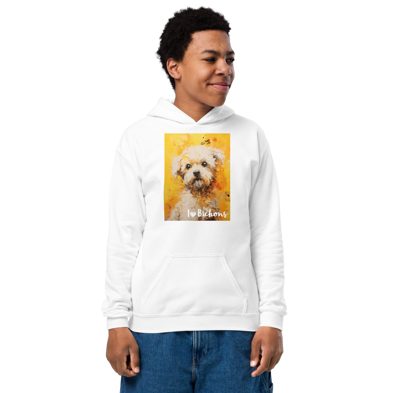 Youth heavy blend hoodie- I ❤ Dogs - Bichon Frise